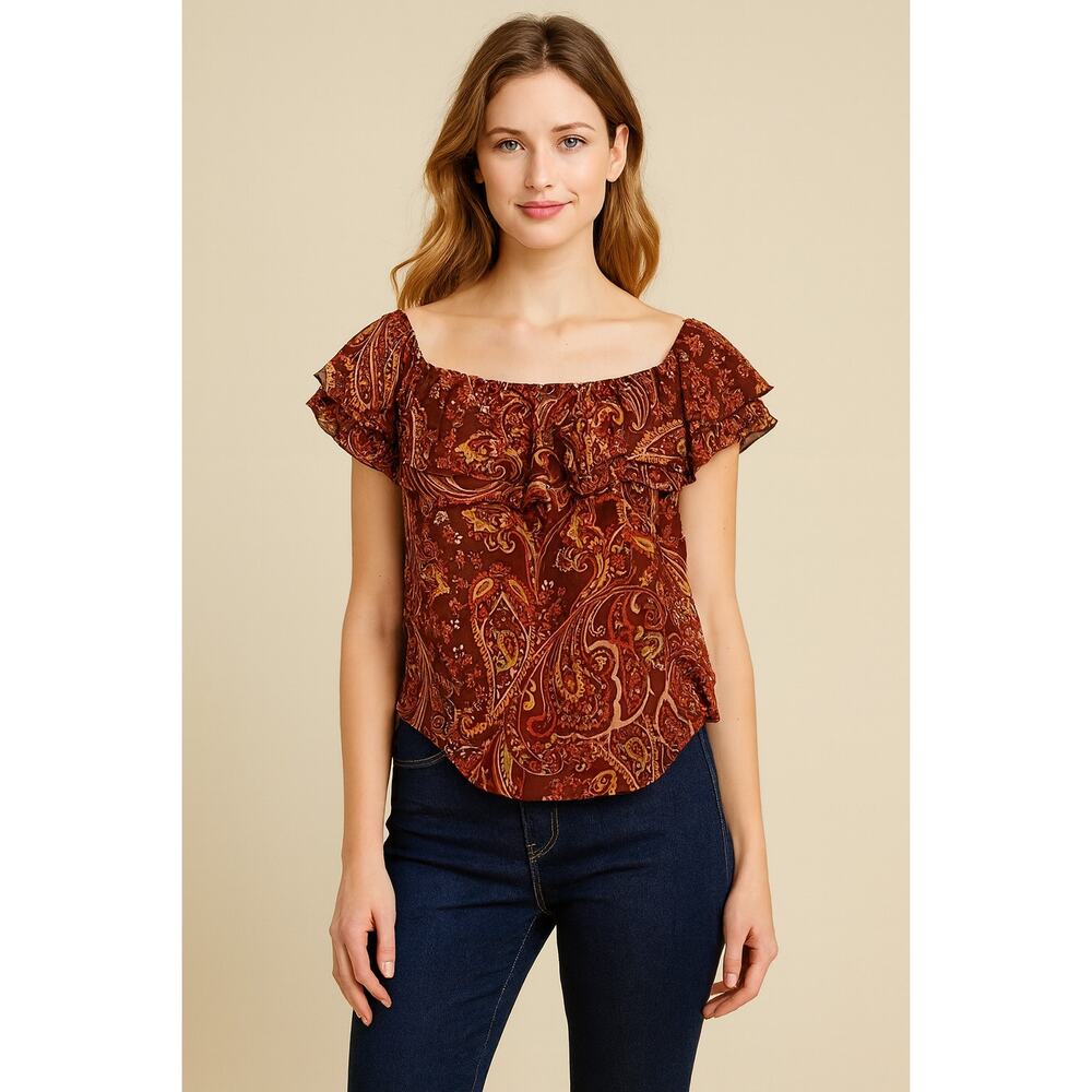 New York & Company Paisley Off Shoulder Blouse Medium Boho Ruffle Top Red Brown